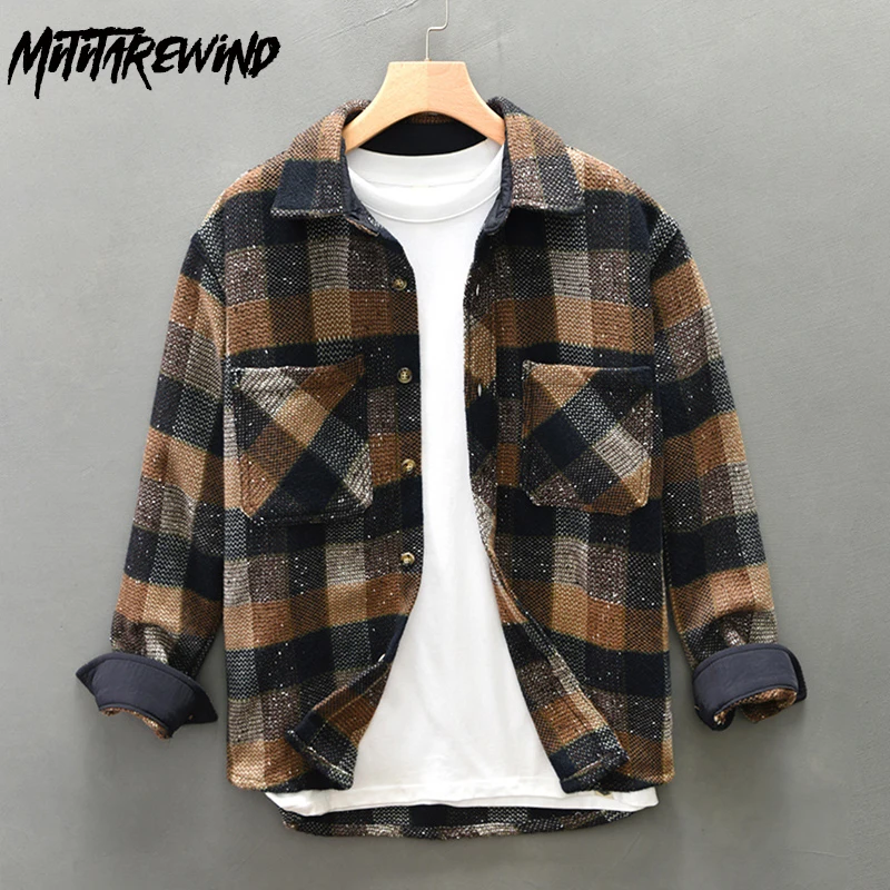 

Japanese Retro Plaid Long Sleeve Shirt Man Streetwear Loose Shirts Lapel Double Pockets Causal Shirts Youth Fashion Men Clothing