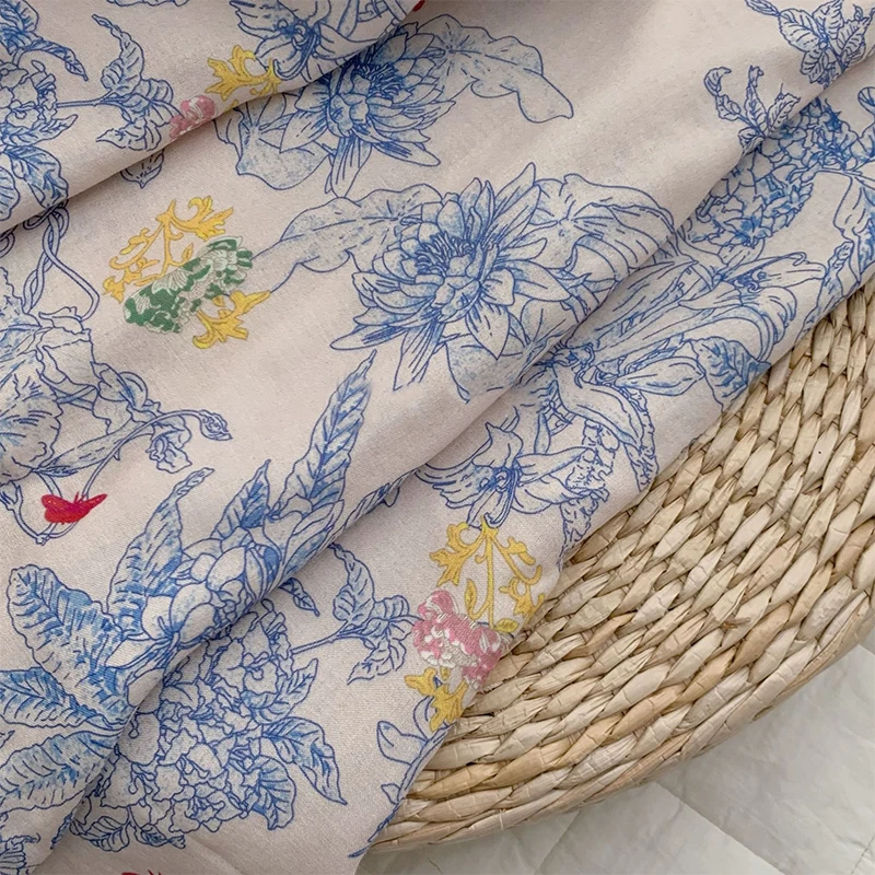 

0.5/1/2 Yard Double Layer Gauze Retro Blue White Printed Fabric Bamboo Fiber Cotton for DIY Pajamas,Clothing,Dresses,Curtains