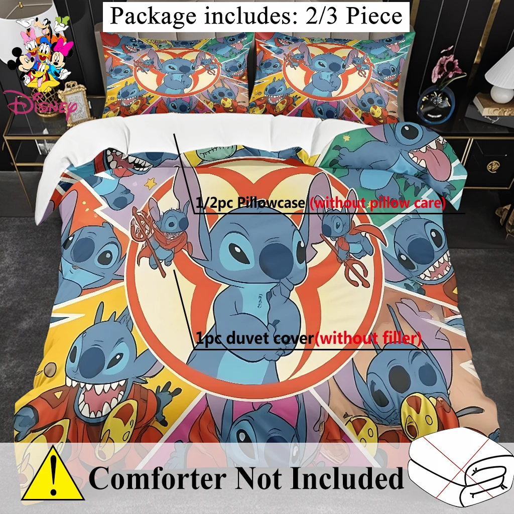 2/3 قطعة مجموعة غطاء لحاف ديزني ستيتش بدون حشو تصميم كرتوني لطيف مناسب لغرف النوم العائلية وغرف الضيوف، للاستخدام لجميع المواسم