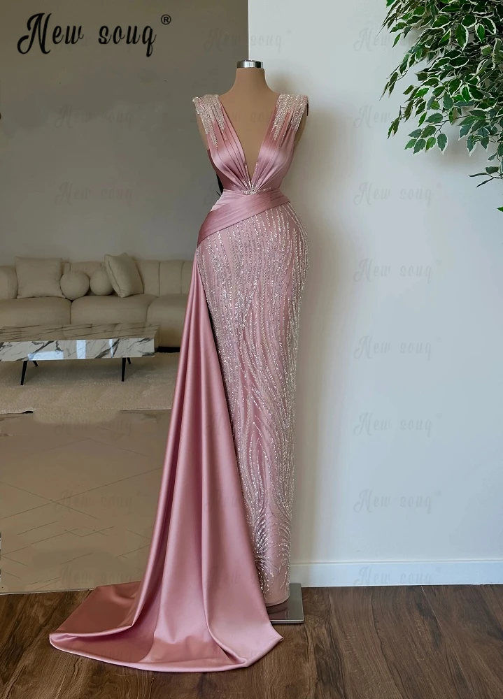 Deep V Neck Shiny Pink Party Dress Elegant 2023 Formal Wedding Night Gown With Side Satin Train вечернее платье Custom Made