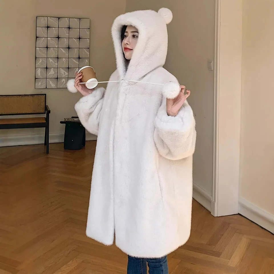 Women's Faux Fur Long Hooded Coat Comfortable Fluffy Ball Decoration Waterproof Mink Fur Warm Elegant Daily Commute Outerwear