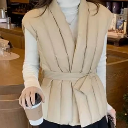 Sleeveless Down Waistcoat, White Duck Down, Thickened Warm Waistcoat Knitted Splicing V-neck Tie Design Leisure Parkas New, 2022