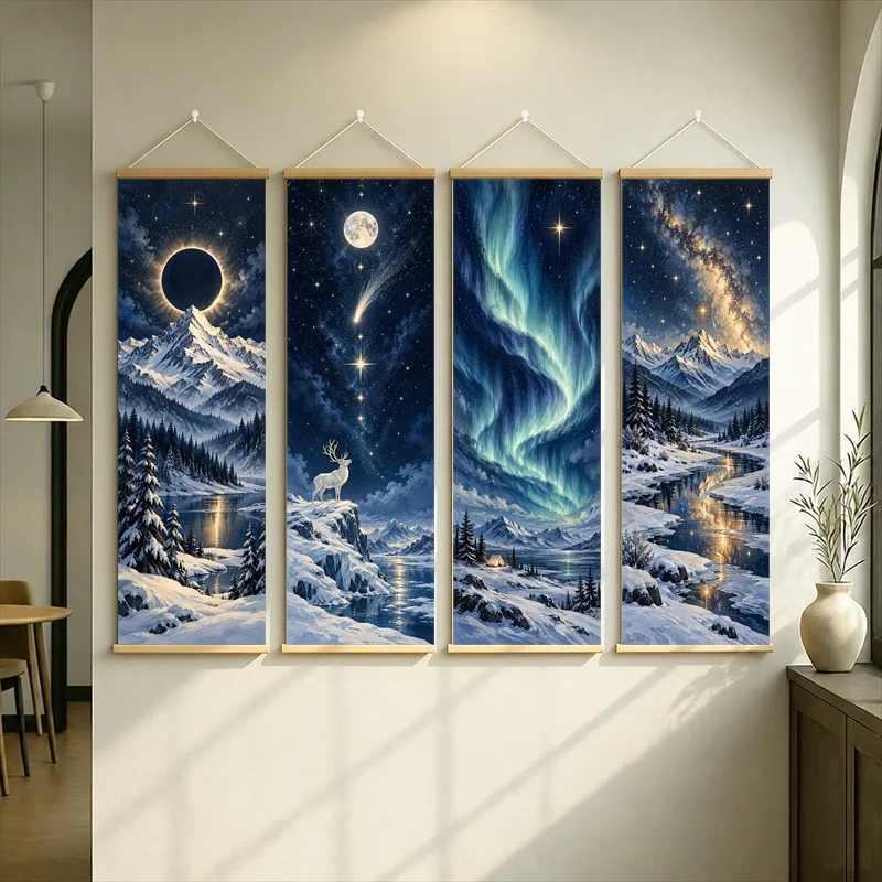 Snowy Mountains Hanging Scroll with Aurora, Moon and Starry Skies in a Dramatic Blue Winter Landscape Style for a Bedroom