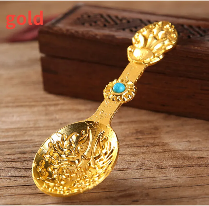 

1pc Gold Buddhist Spoon Inlaid Gem Alloy Handicraft Auspicious Tibetan Buddhism