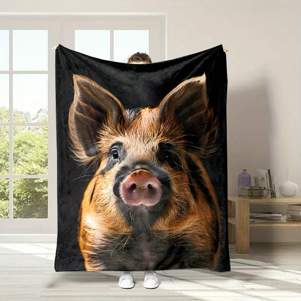 Reversible Cartoon Pig Print Flannel Throw Blanket - Contemporary Style, All-Season, Non-Woven Polyester, Lightweight, Soft