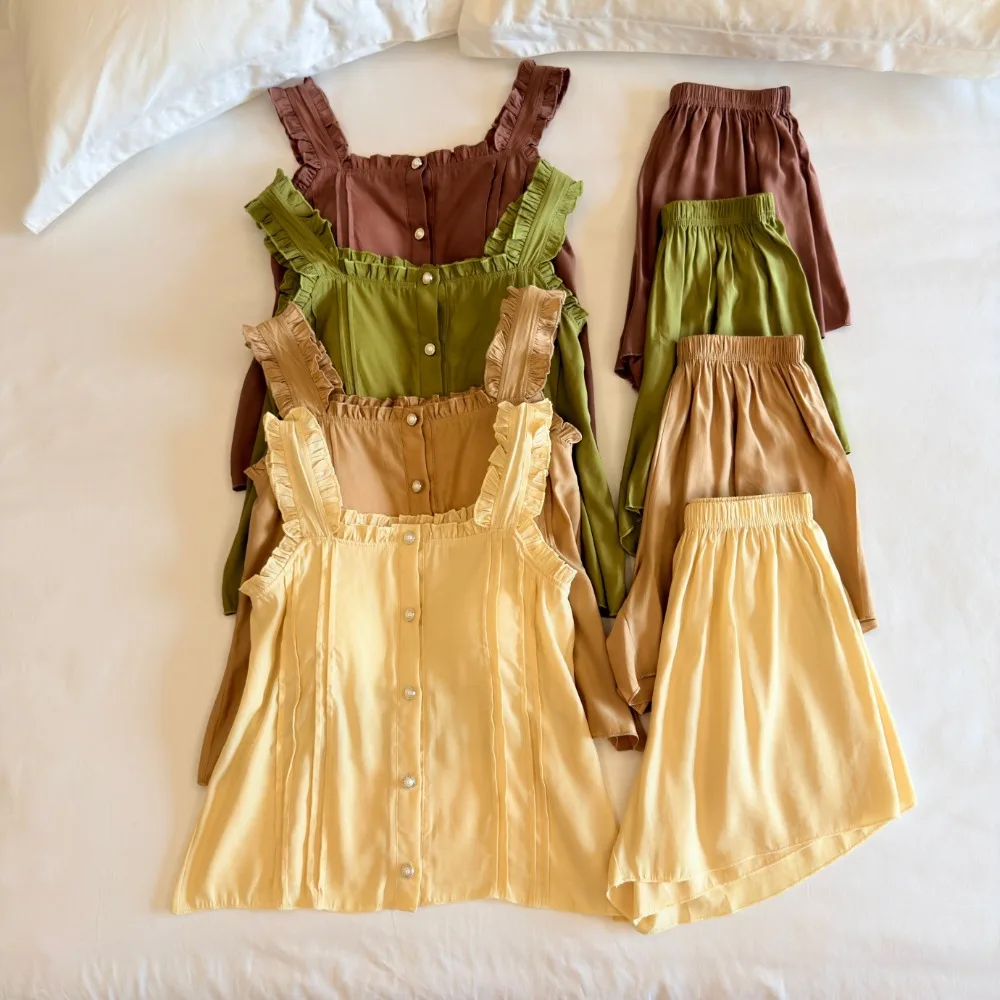 Summer Thin Chest Pads Pajamas for Woman Two-piece Homewear Set Solid Color Sleeveless Top and Shorts Pijama Women's Sleepwear