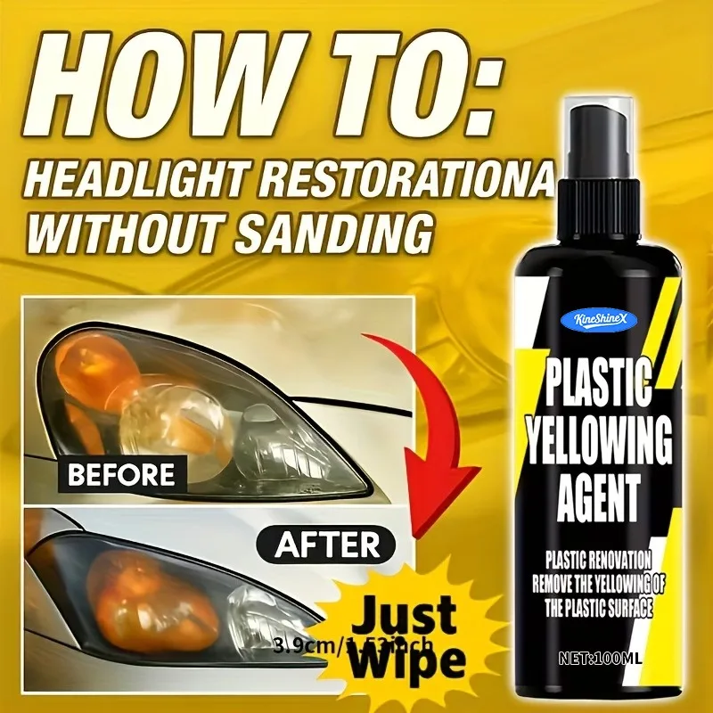 Automobile headlight restoration spray and polishing compound for yellowed, foggy headlights to improve light brightness
