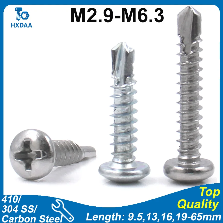 10pcs M2.9 M3.5 M3.9 M4.2 M4.8 M5.5 M6.3 410/304 Stainless Steel/Carbon Steel Zinc Plated Phillips Pan Head Self Drilling Screws