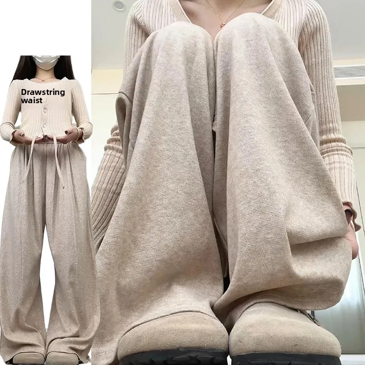 Pantalones coreanos Sle de punto suave sueltos de cintura alta con fideos de arroz para mujer Otoño Invierno Casual pantalones de pierna ancha sueltos