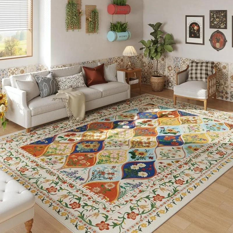 Bohemian Floral Pattern Living Room Carpet Restaurant Sofa Coffee Table Non-slip Floor Mat Foldable Machine Washable Bedroom Rug