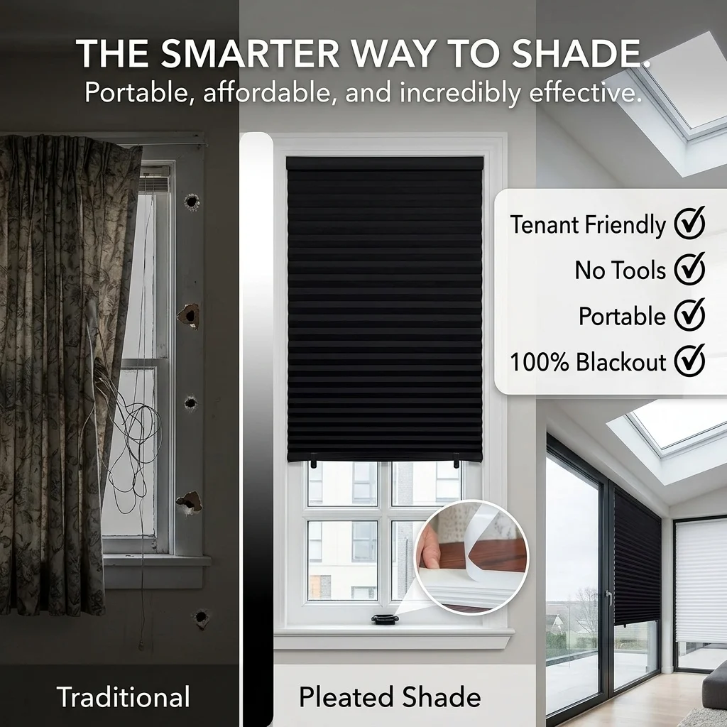 No‑Drill Self‑Adhesive Pleated Window Curtain Foldable Light Blocking Shade for Apartment Bedroom Living Room Decoration