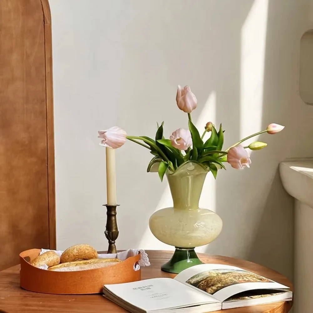 

Зеленая стеклянная ваза Fenton Ins Стиль Волнистая кружевная ваза Цветочная композиция Высококачественное украшение Обеденный стол Гостиная Домашний декор