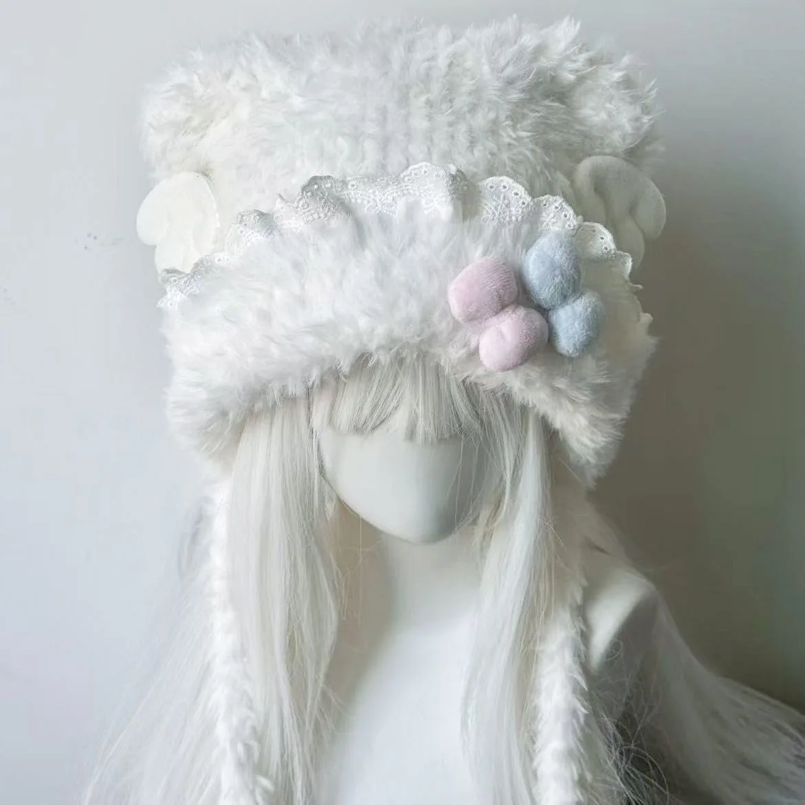 여성 수제 블루와 핑크 퍼지 고양이 귀 모자 레이스 캔디 리본 모자 Y2K 따뜻한 날개 귀마개 KC 소녀 하트 다용도 플러피 모자