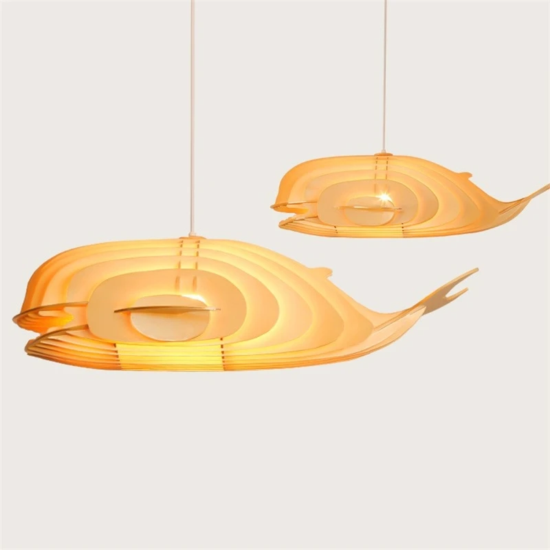 Modern Creative Whale Shaped Pendant Lights Nordic Retro Wooden Art Living Room Decor Hanging Lamps Restaurant Lighting Fixtures