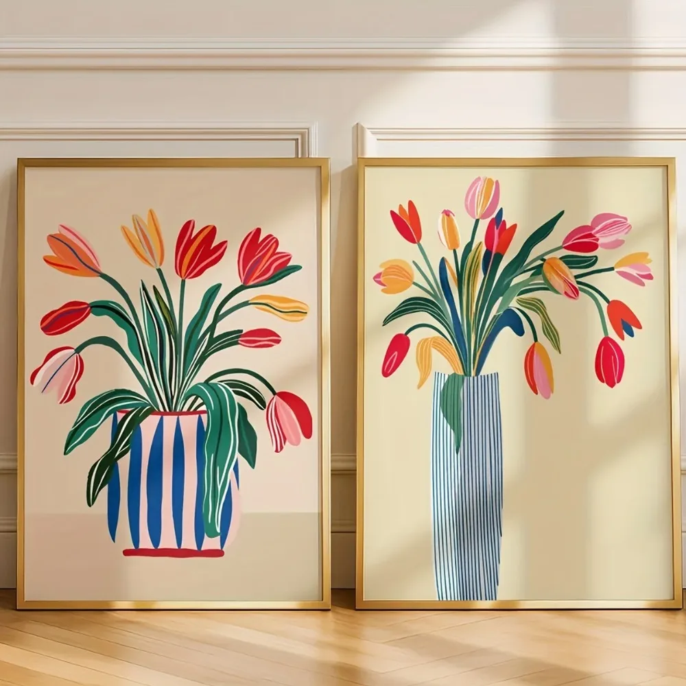 Bunte Tulpen-Wandkunst, moderner Blumenvase-Druck, einfache Blumen-Leinwandposter, fette Pflanze, helle Wohnzimmer- und Küchendekoration
