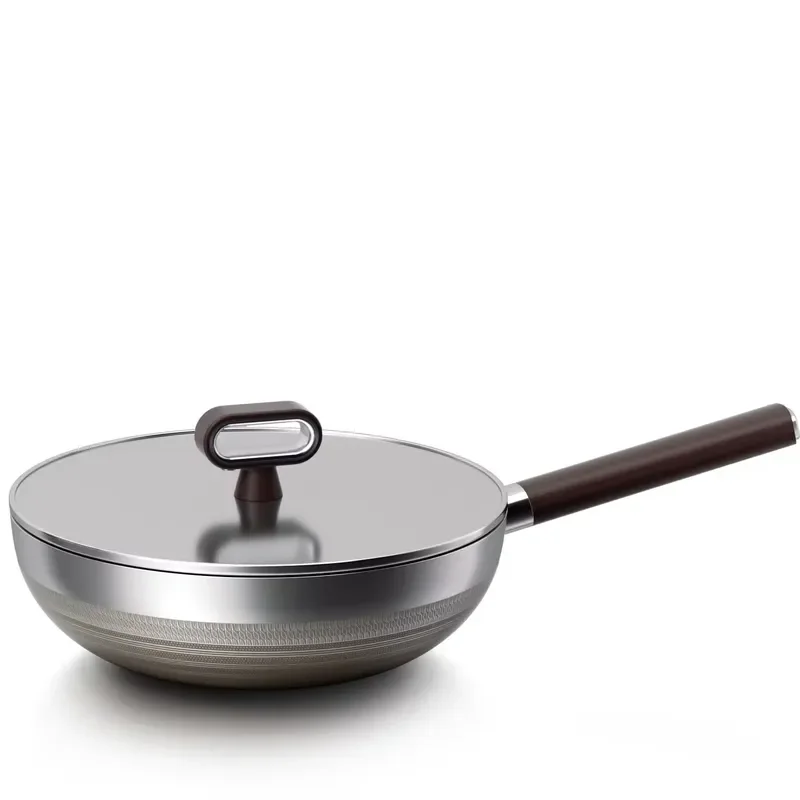304 Stainless Steel Multi Layer Non Stick Wok with Long Handle Induction Compatible Low Smoke Glass Lid Eco Friendly Cookware