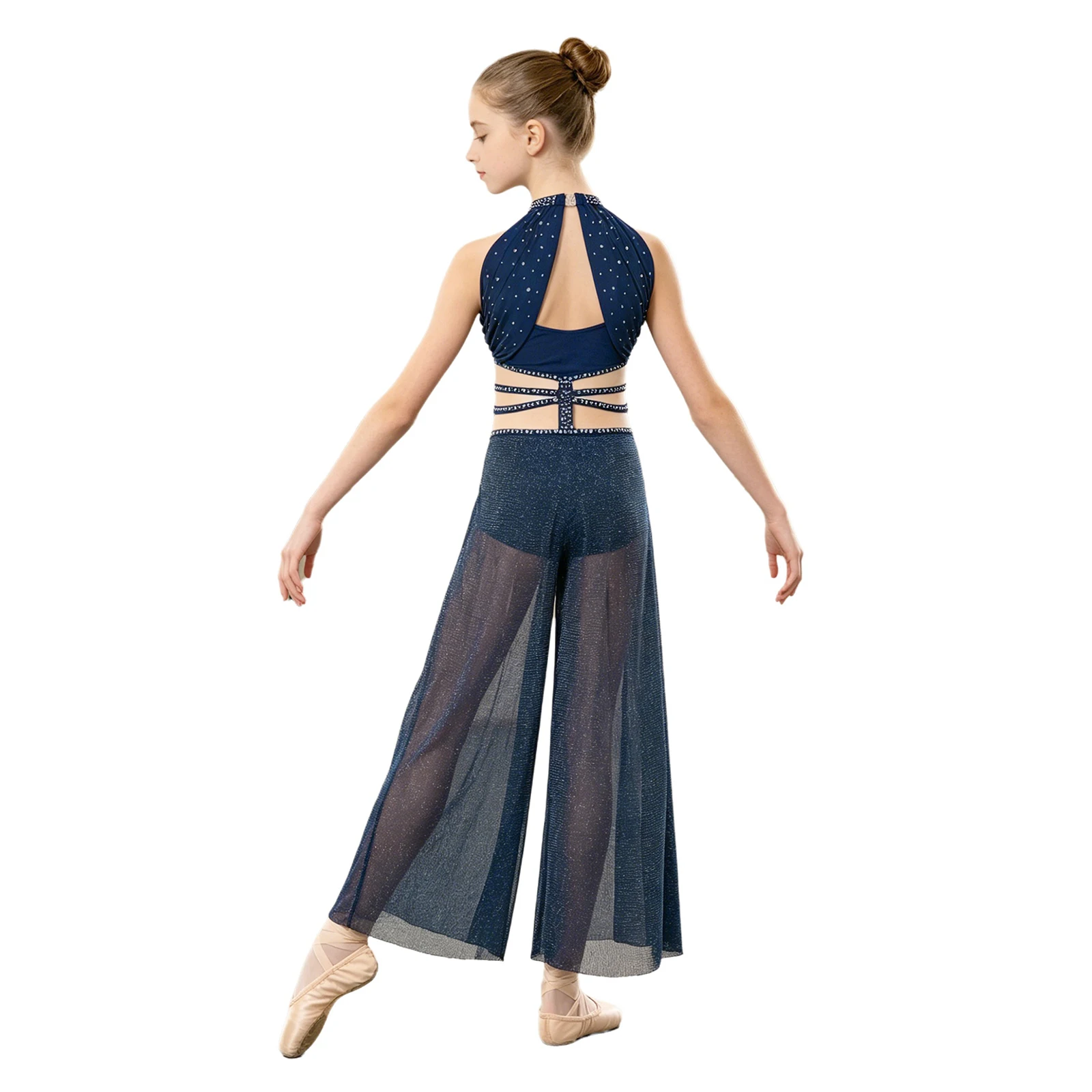 Kids Girls Lyrical Dance Cutout Jumpsuit Sequin Split Shimmery Mesh Wide-leg Bodysuit for Modern Stage Performance Competition