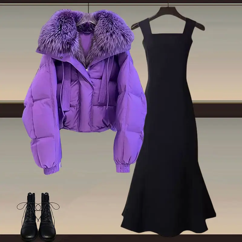 

Зимний профессиональный женский комплект больших размеров: укороченная хлопковая куртка и платье-двойка, стройнящий, скрывающий недостатки фигуры, антивозрастной эффект