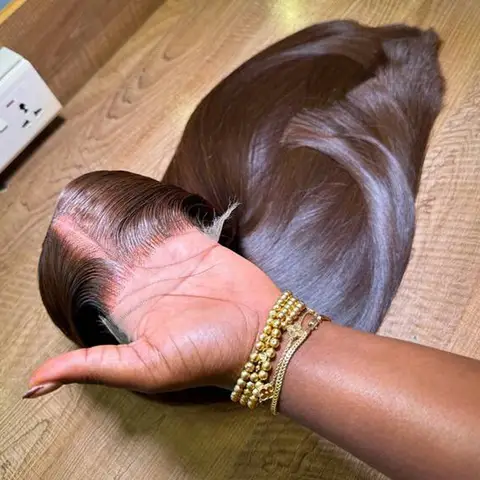 Peruca Frontal de Renda HD 13x4 de Cabelo Humano Liso Osso Castanho Chocolate de 34 Polegadas, Perucas Frontais de Renda Transparente Brasileira 13x4 para Mulheres
