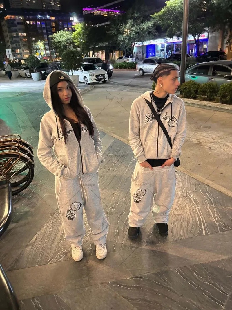 

New High Street Harajuku Hip-hop Trendy Oversized Zipper Hoodie Men's Sets Y2K 2025 Casual Retro Rock Loose Wide-leg Pants Women