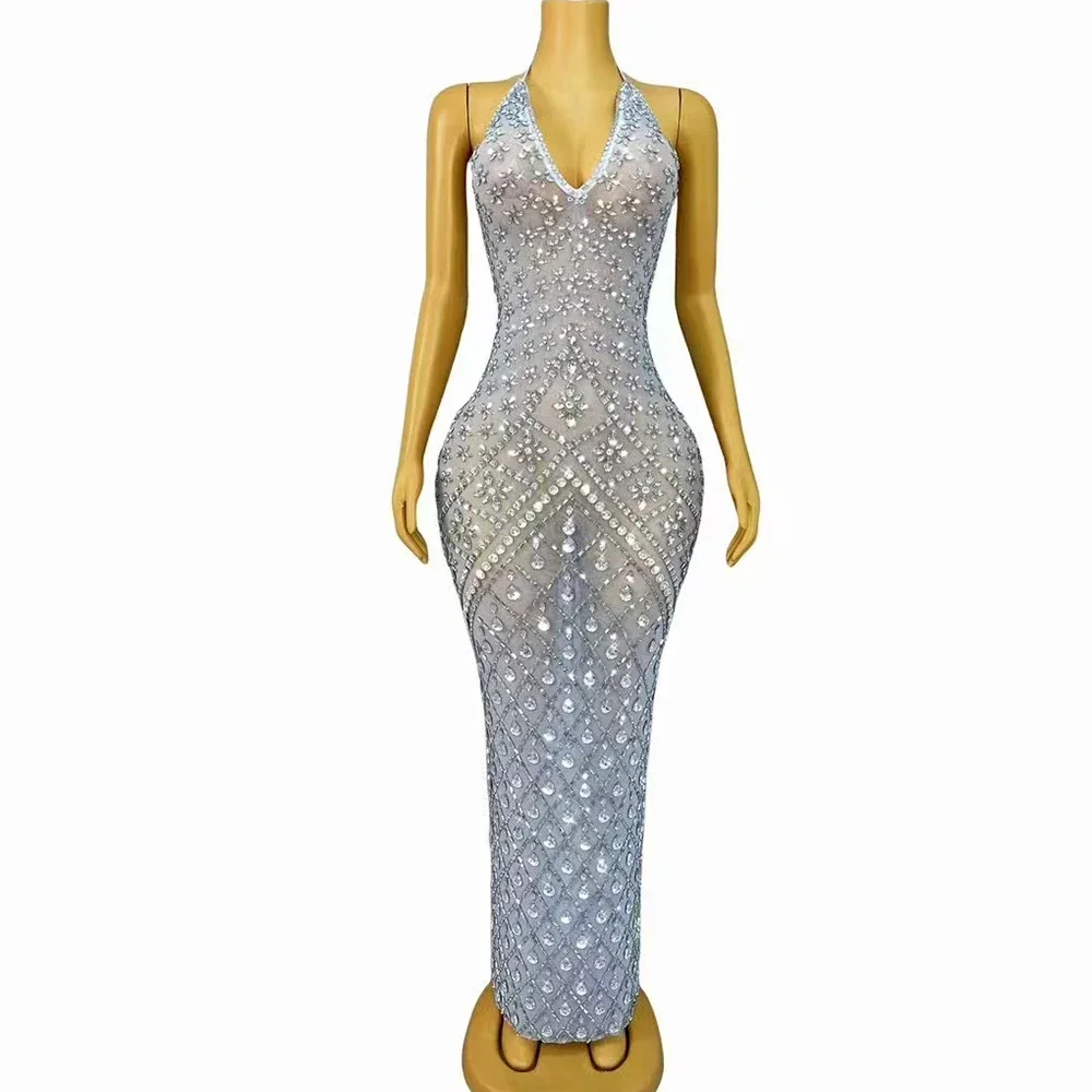 

Sexy Silver White Rhinestones Backless Dress Women Birthday Evening Celebrate Costume Film Festival Party Photoshoot Dress