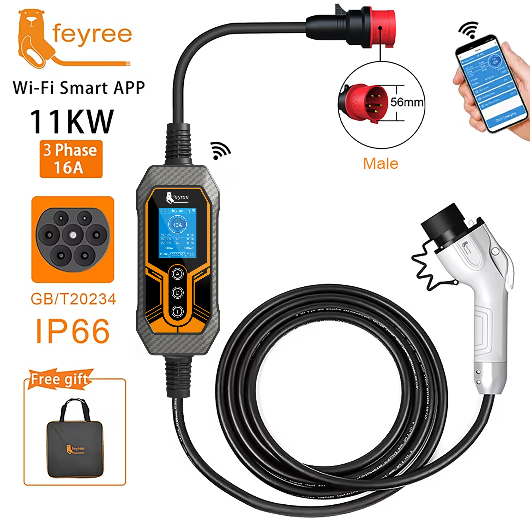 feyree GB/T Portable EV Charger 32A 7KW 1Phase APP Bluetooth Version EVSE 11KW 16A 3Phase Cable 5m CEE Plug for Electric Vehicle