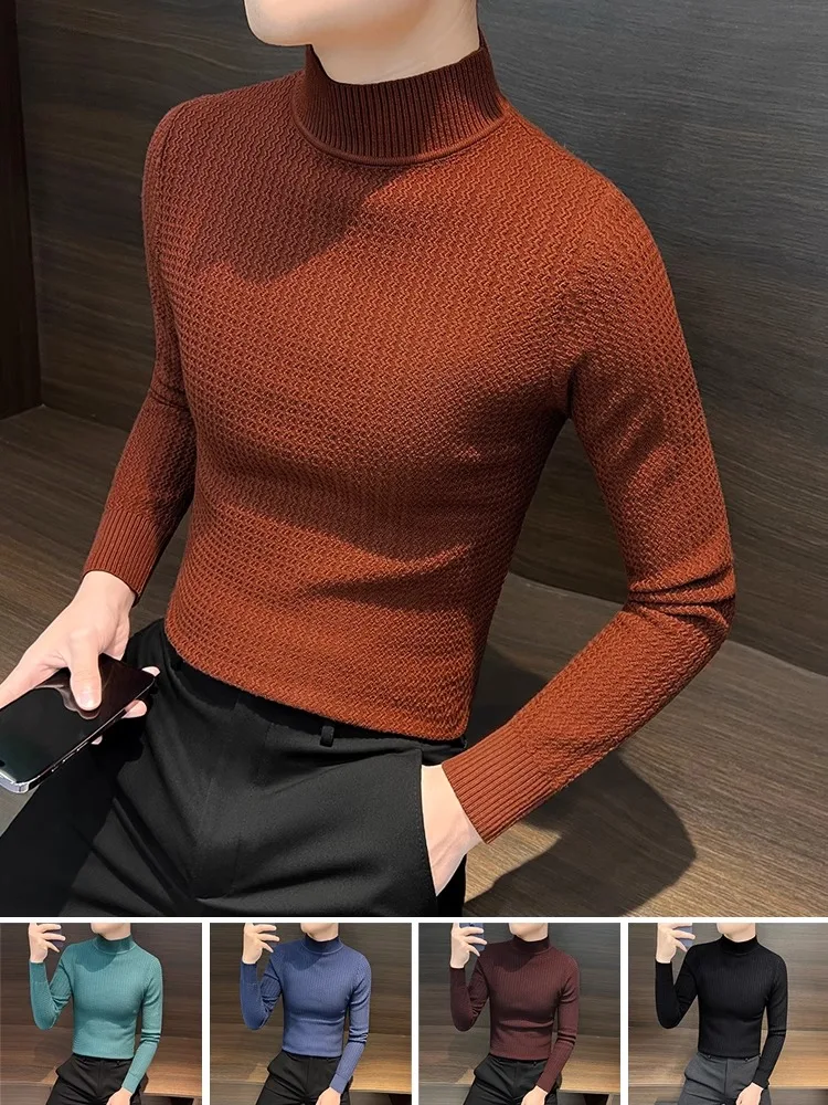 

Men's Slim Fit mid Ne Knitwear f High Collar Autumn Winter Striped Inner irt Faionable Urban Sle Long Sve Top