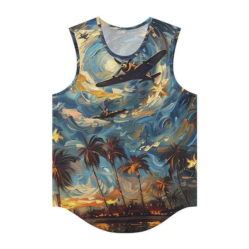 Men's Fashion Sleeveless Bottom Shirt Summer Oil Painting Color Printing Pattern Tank Top Outdoor Sports Quick Drying