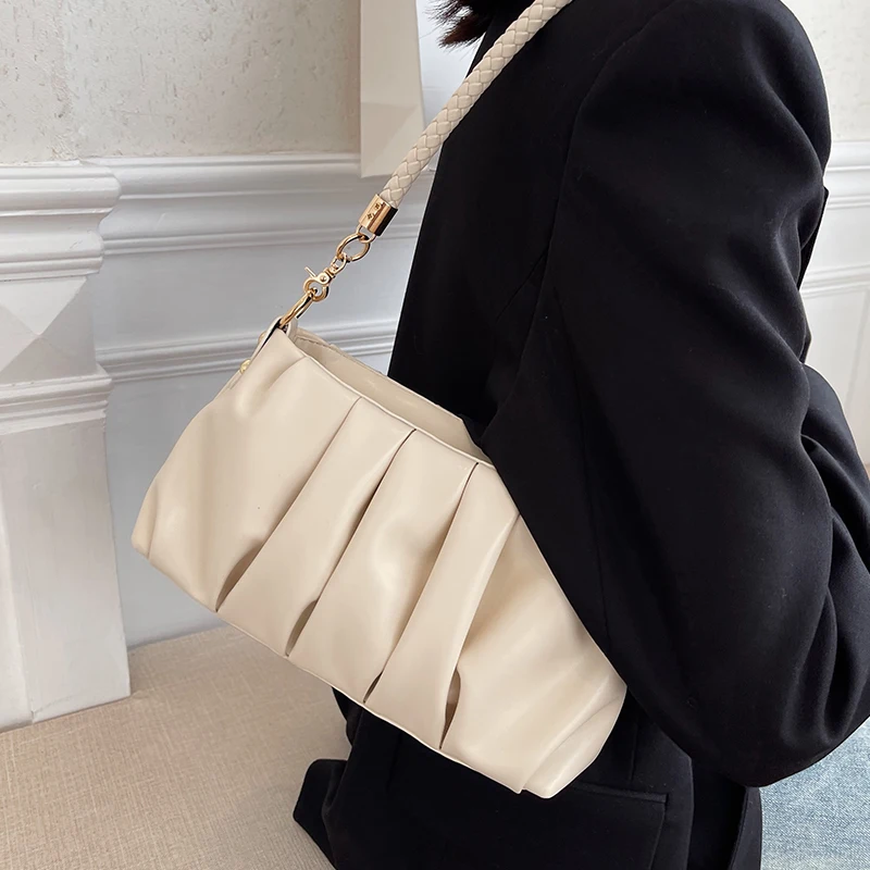 2024 Spring New Solid Cloud Pleated Handlebags for Women Textured PU Armpit Shoulder Bags Trend Chic Lady Commuter Crossbody Bag