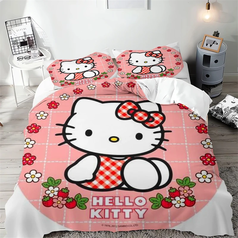 Imagem -02 - Hello Kitty Conjunto de Cama para Meninos e Meninas Capa de Edredão Bordado Multi-size Solteiro Cama de Casal Decoração do Quarto Presente Infantil Multi-peças