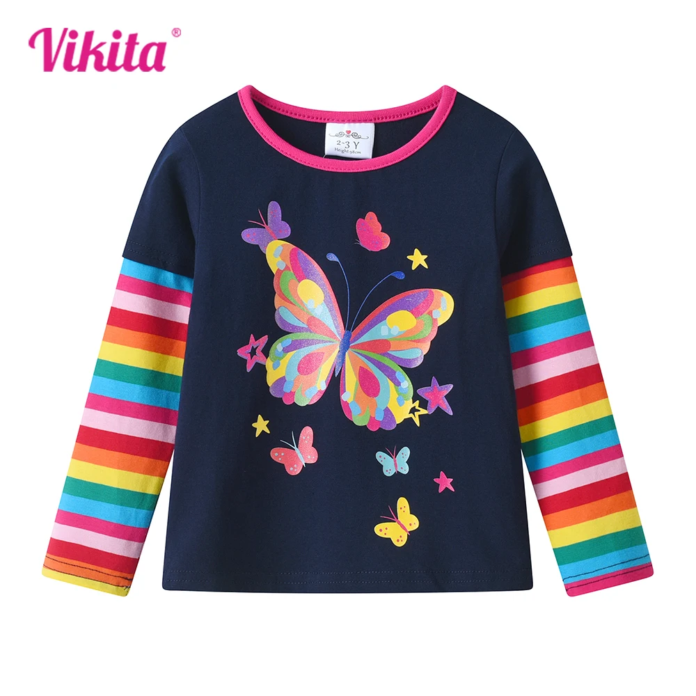 VIKITA Girls Butterfly Print Long Sleeve Autumn Spring T Shirt Kids O Neck Cotton Casual Colorful Rainbow Tops and Tees Clothes