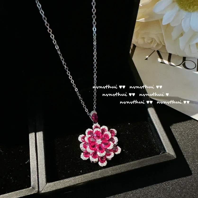 Women\'s New Fashion Jewelry Sterling 925 Silver Delicate Red Zircon Flower Pendant Necklace Earrings Ring Bracelet Set for Women