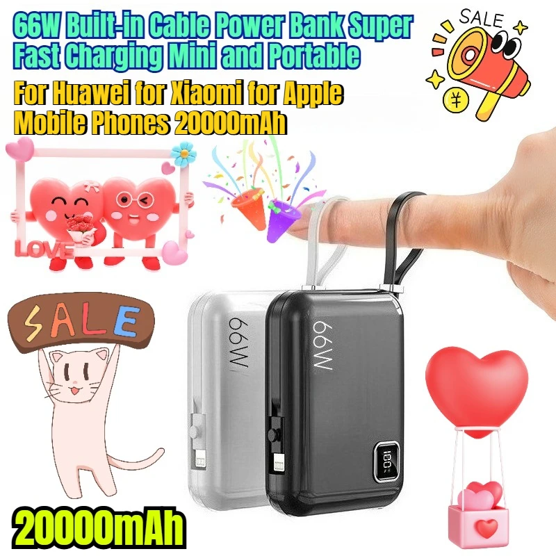

66W Built-in Cable Power Bank Super Fast Charging Mini and Portable For Huawei for Xiaomi for Apple Mobile Phones 20000mAh