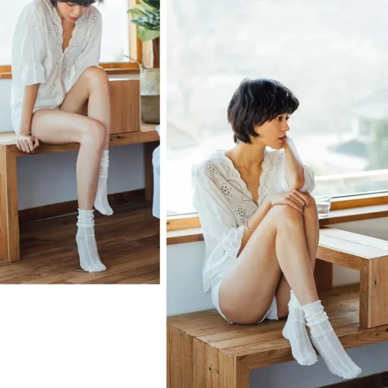 Women Soft Mesh Girls Cute Lace Ruffle Ankle Socks Knitting Hollow Out White Black Harajuku Retro Vintage High Long Stockings view 4