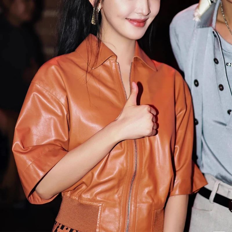 100% Sheepskin Women's Short Leather Jacket 2026 Fashion Orange Half Sleeve Lapel Female Loose Zipper Real Leather Jacket Tops