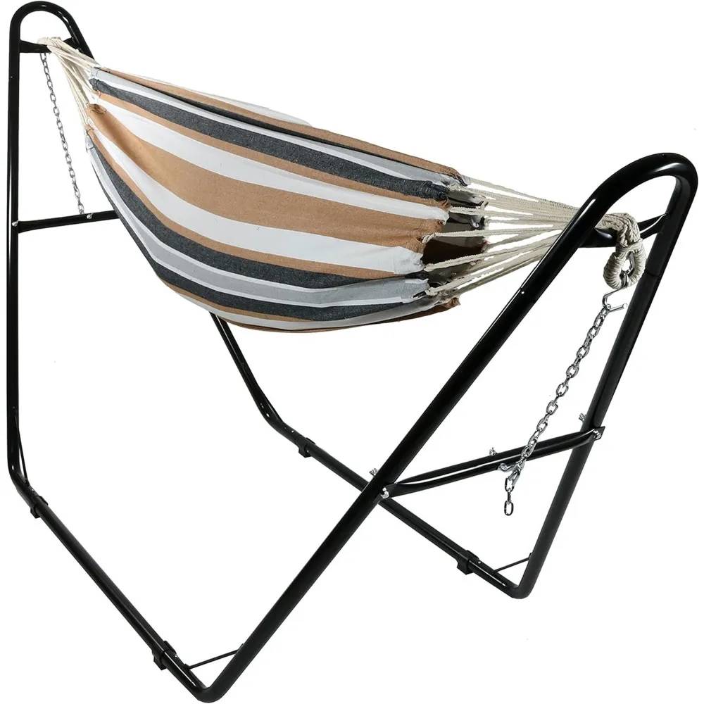 

Double Brazilian Cotton Hammock with Universal Stand - 450-Pound Capacity - Black Stand - Calming Desert