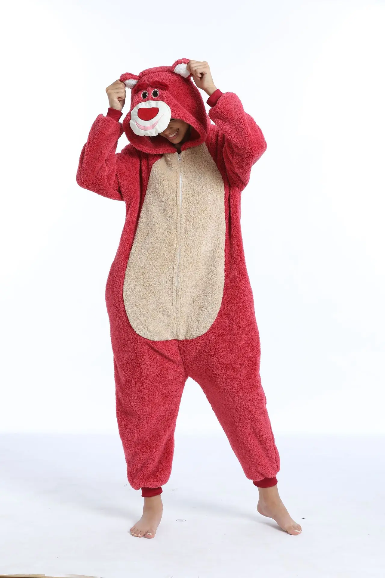 

MINISO Strawberry Bear Onesies Jumpsuit Anime Adult Cosplay Halloween Costumes Xmas Carnival Funny Children Pajamas Kigurumi