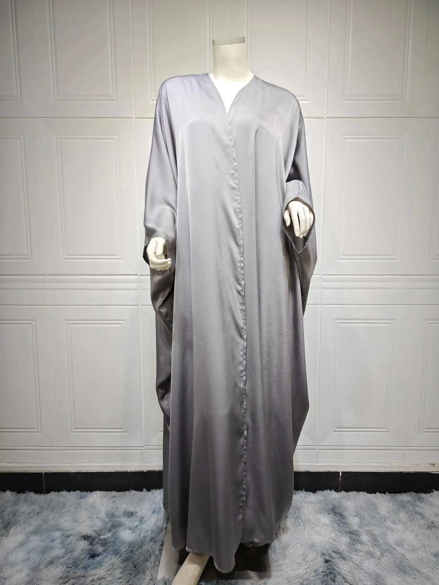 Muslim Fashion Solid Modest Satin Batwing Sleeve Casual Abaya Saudi Arab African Women Clothing Moroccan Kaftan Robe