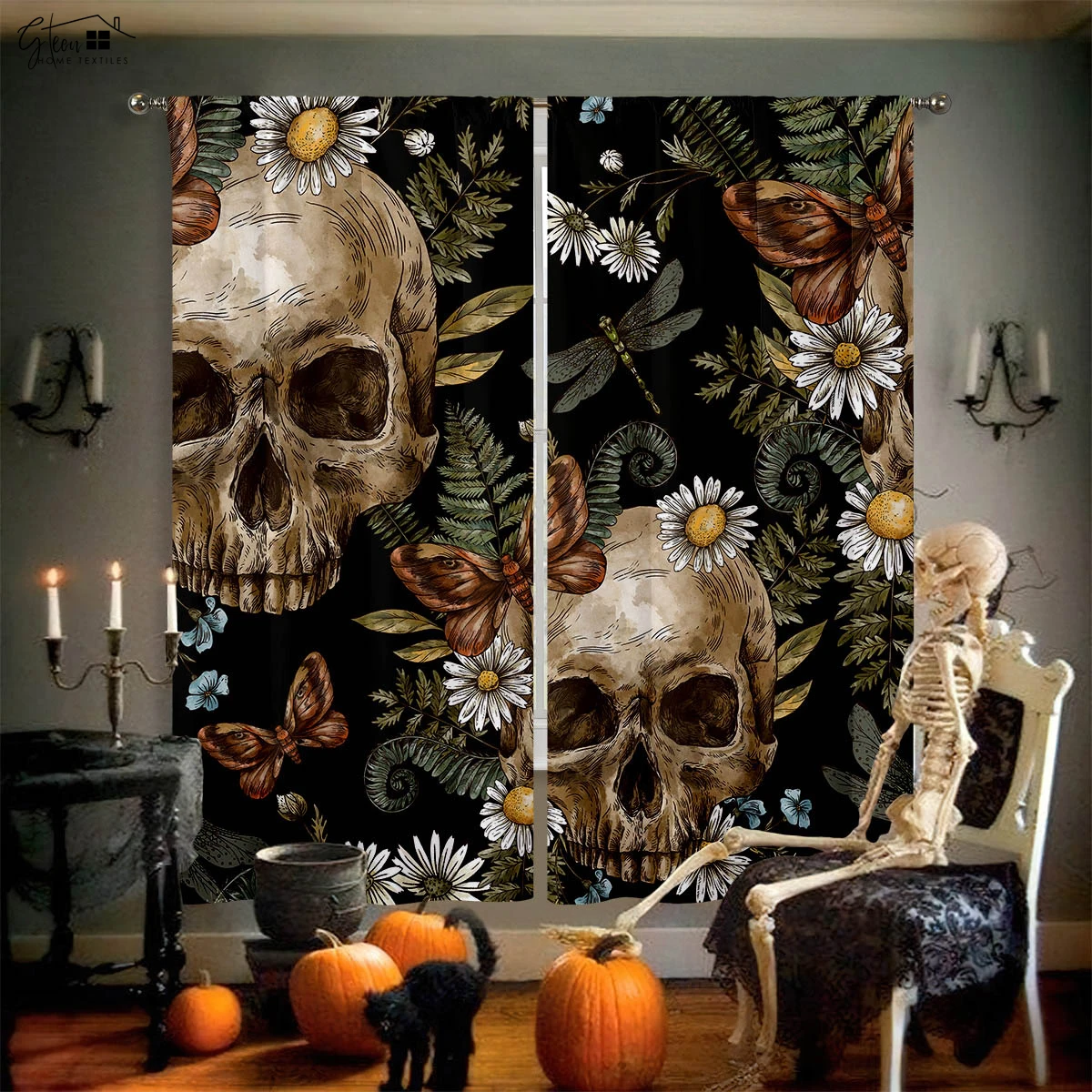 Halloween Christmas Retro Skull Rose Curtains Horror Tricky Secret Room Bedroom Holiday Decorative Curtains 2PCS