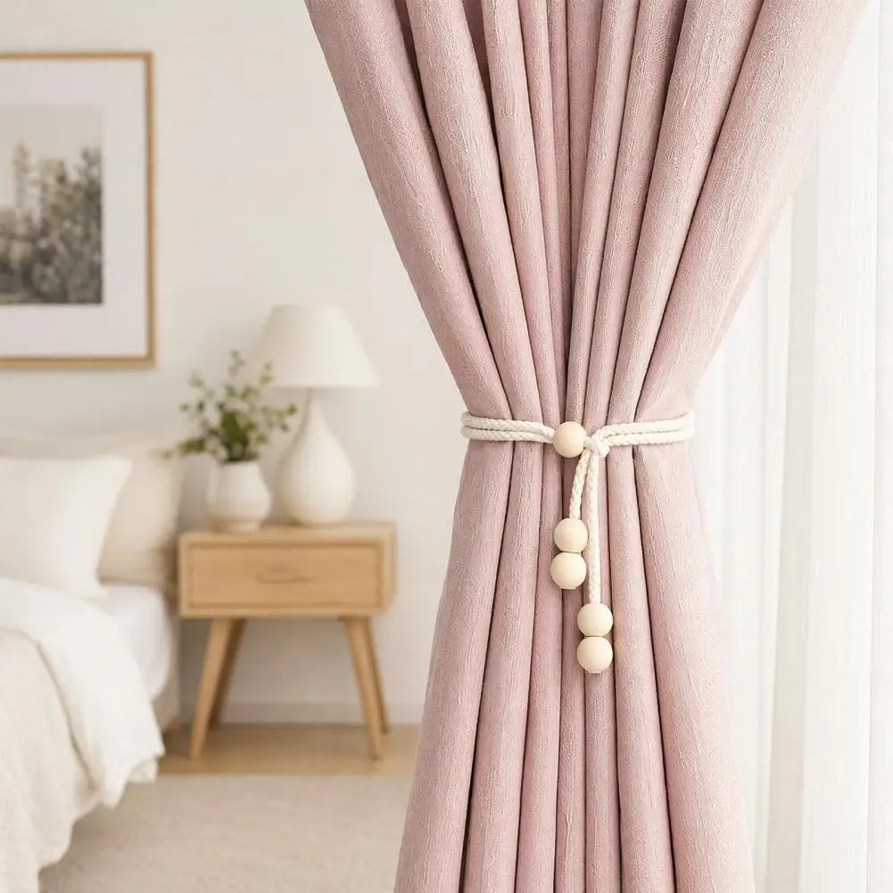 Curtain Ties Non-damaging Curtain Clips Cotton Rope Curtain Tiebacks with Wooden Beads Adjustable No-drill Window for Room
