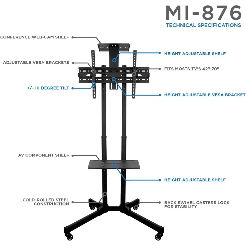 TV Cart Mobile TV Stand Wheeled Height Adjustable Flat Screen Television Floor Stands with Rolling Casters and Shelf