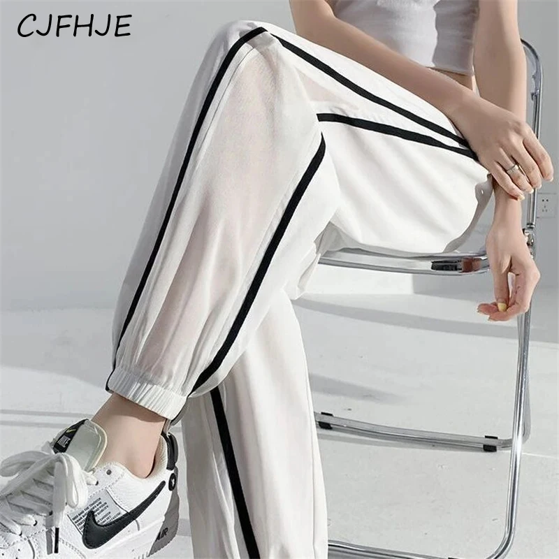 

CJFHJE Women Clothes Trendy Mesh Patchwork Sports Jogger Pants Casual Streetwear Quick Drying Sweatpants High Waist Pantalones