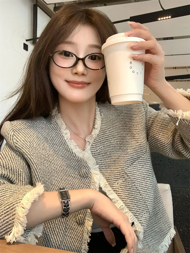 

Fall 2025 Women's Loose ort Coat Casual Elegance Tassel Trim Heavy Woolen Fabric Korean Sle Commute Faion Polyester