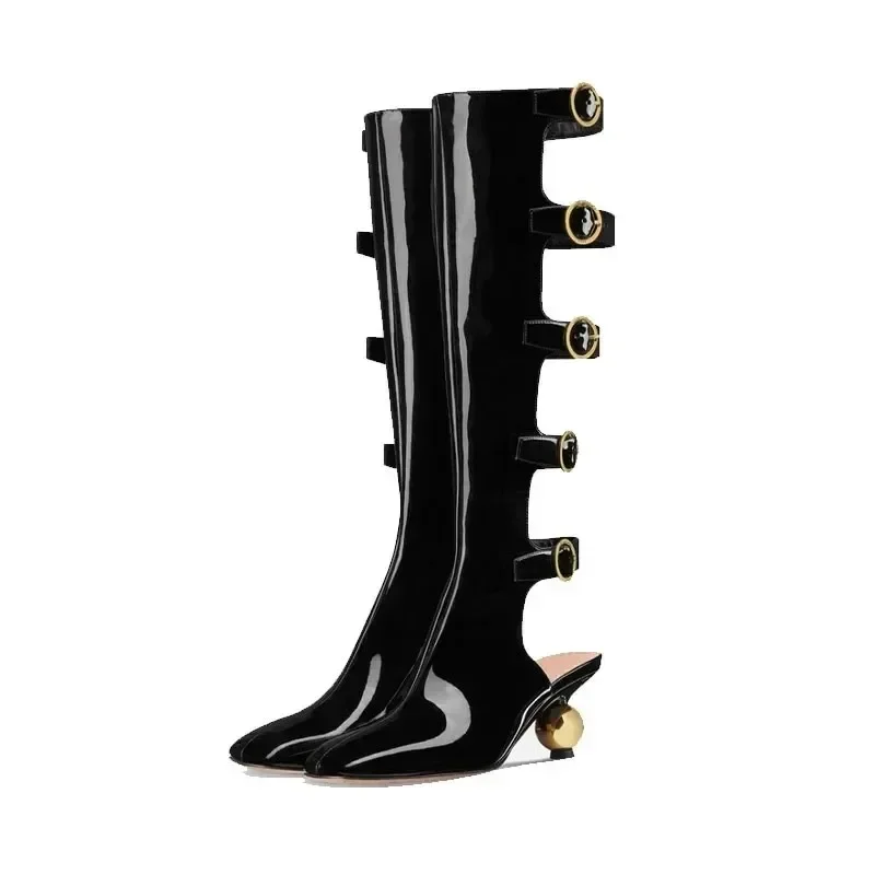 European and American High-quality Patent Leather Back Hollow Short Boots for Women, Black Belt Buckle Banquet Long Boots