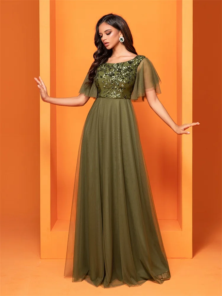 Lucyinlove Luxury Green Sequins Formal Evening Dress Women 2024 Elegant O-Neck Mermaid Prom Dress Short Sleeves Long Gowns