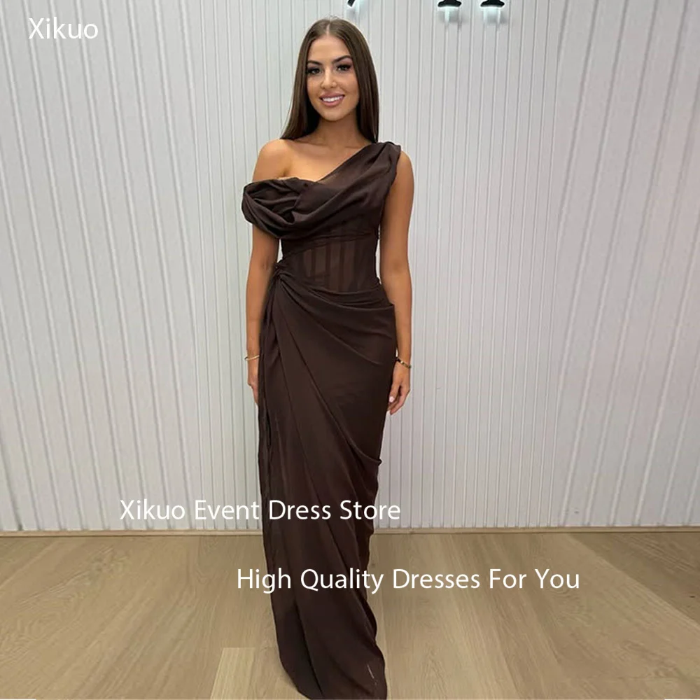 

Xikuo Graceful Satin Evening Gowns Mermaid Seen Through Prom Dresses Woman One Shoulder Long Corset Party Dresses Customized