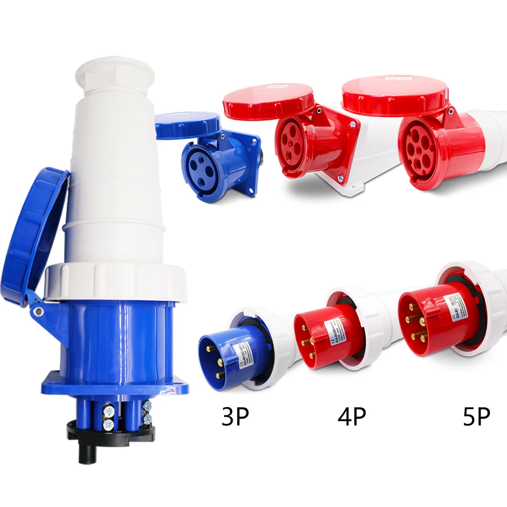 

3P/4P/5P 63A 380V IP67 Waterproof Industrial Socket Plug Connector DIN Rail Mount Nylon PA66 for Heavy Duty Machinery