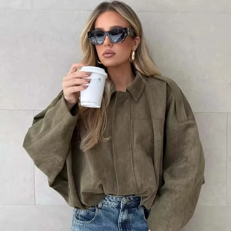 New 2025 Women Suede Textured Jacket Long Sleeve Lapel Collar Loose Coats Casual Female Outerwear Chic Tops