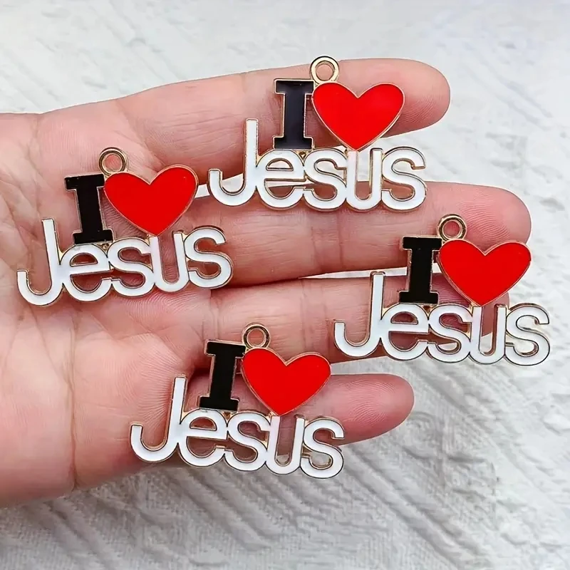 Zestaw 5/10-częściowych wisiorków w kształcie serca „I Love Jesus” - aluminiowe chrześcijańskie litery DIY akcesoria, idealny wybór na prezenty modlitewne