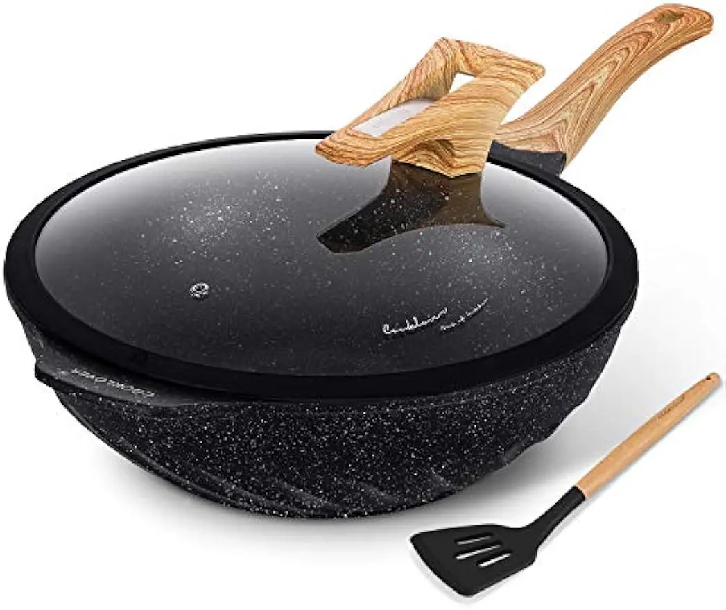 

Nonstick Induction Wok Pan with Lid, Die-Cast Aluminum, Scratch Resistant & PFOA Free, 12.6 Inch Black